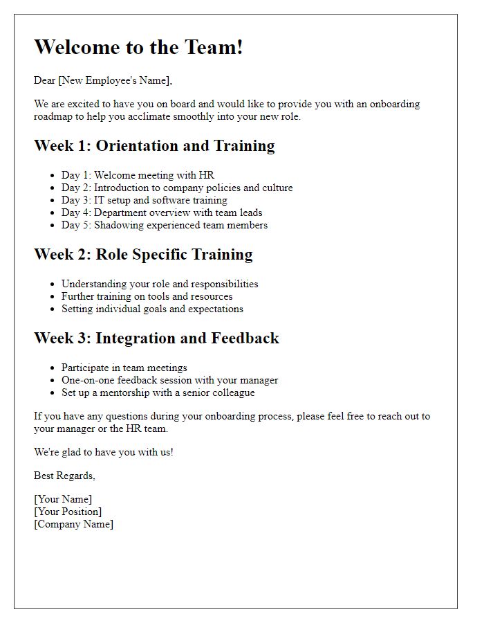 Letter template of onboarding roadmap for new staff members