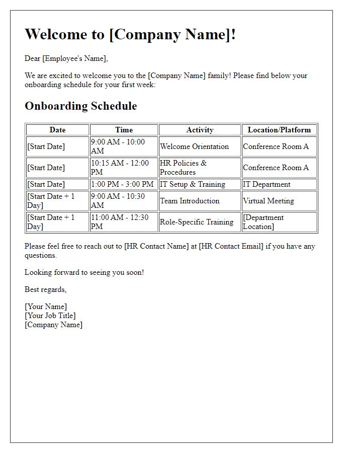 Letter template of onboarding schedule for new hires