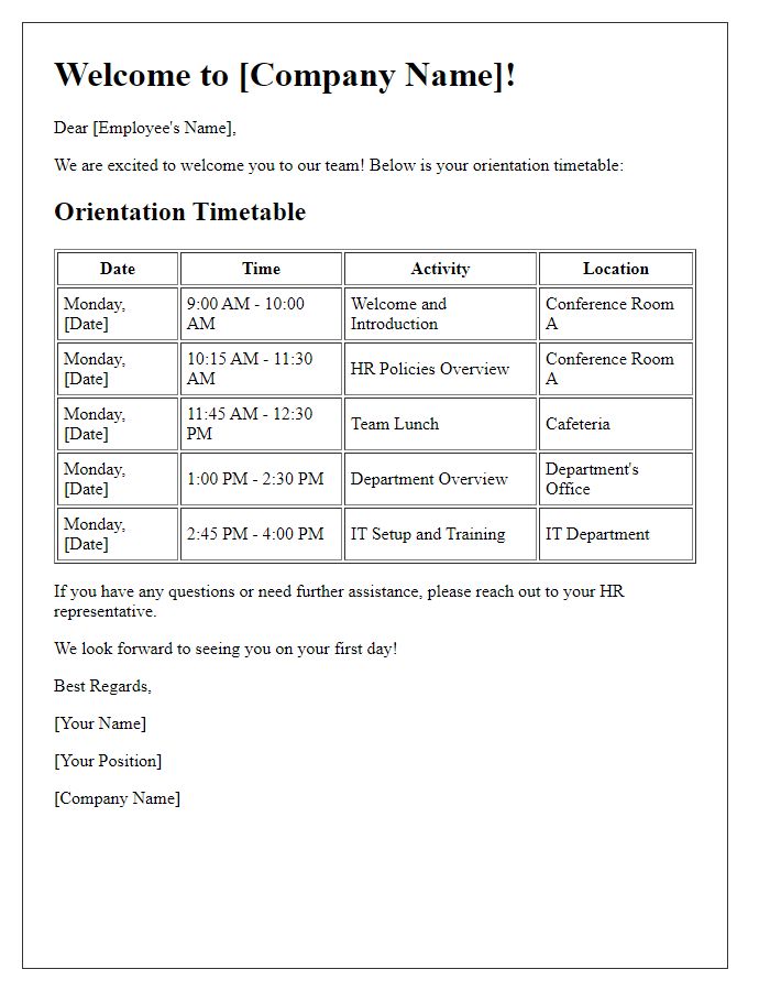 Letter template of orientation timetable for new employees