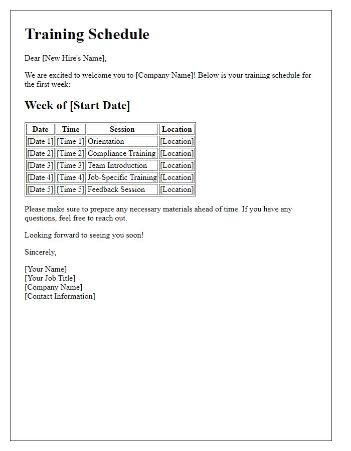 Letter template of training schedule for new hires