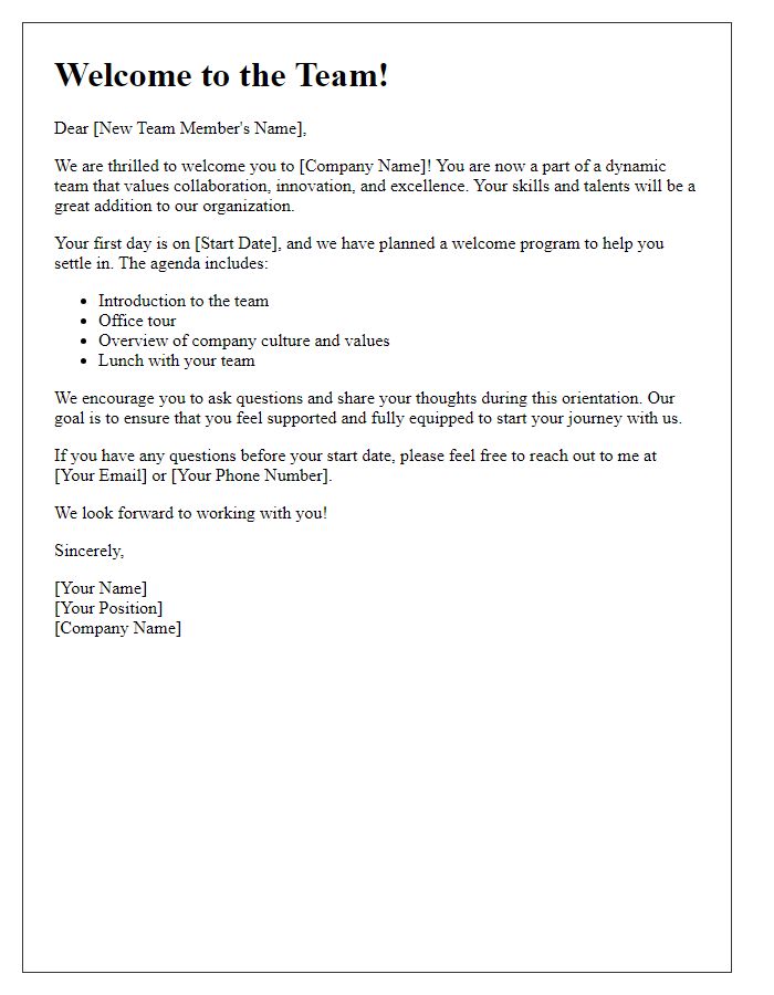 Letter template of welcome program for new team members