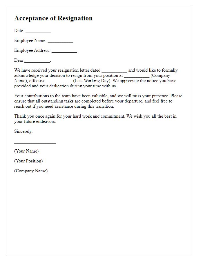 Letter template of acceptance and acknowledgment of employee resignation.