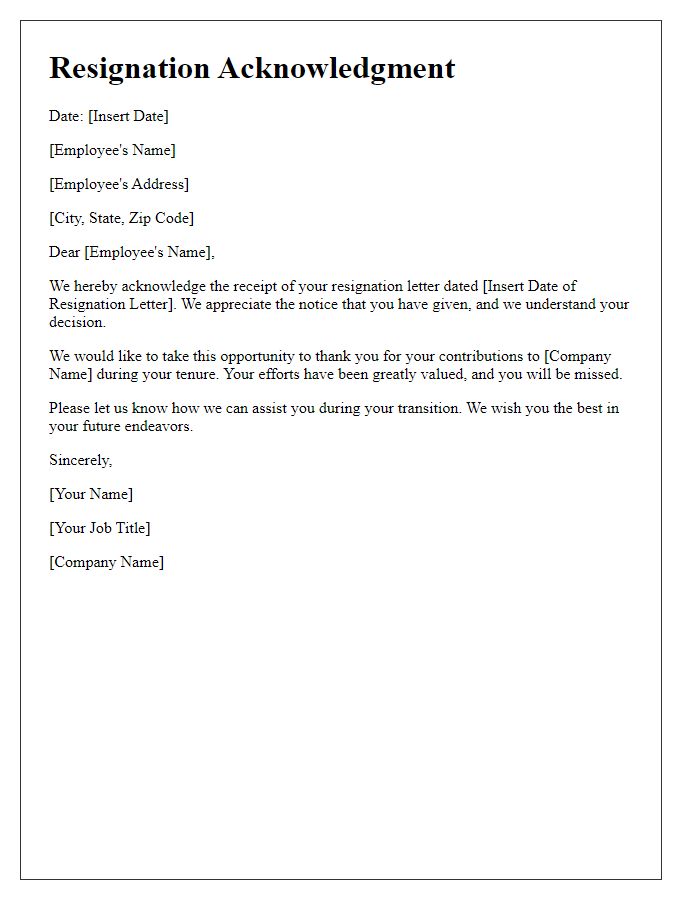 Letter template of acknowledgment for resignation submission.