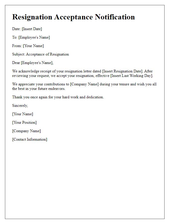 Letter template of job resignation acceptance notification.