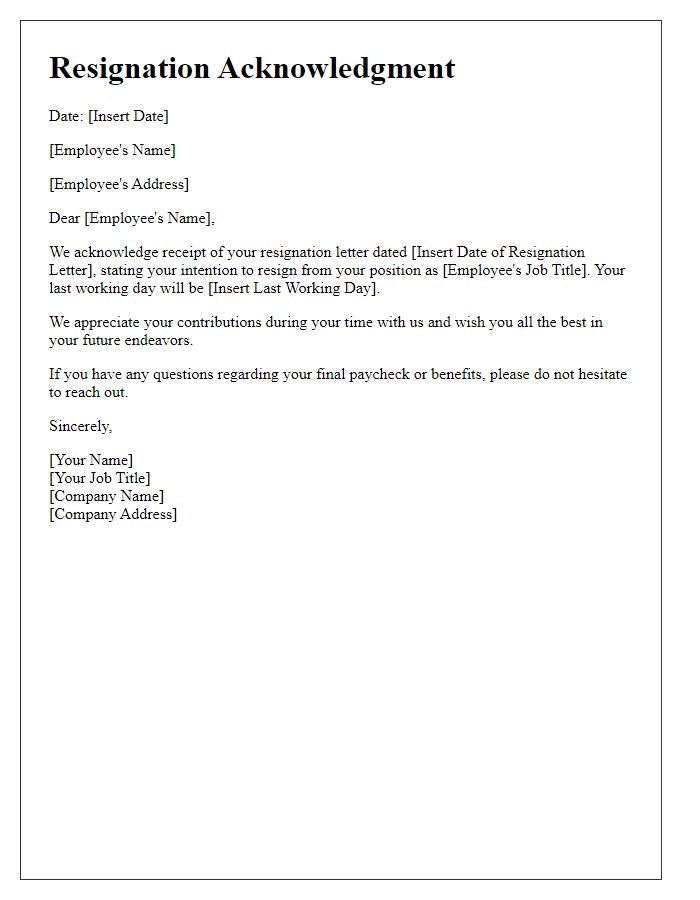 Letter template of resignation acknowledgment for HR purposes.