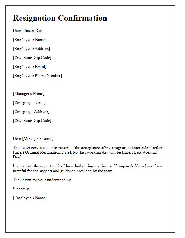 Letter template of resignation confirmation for employment.