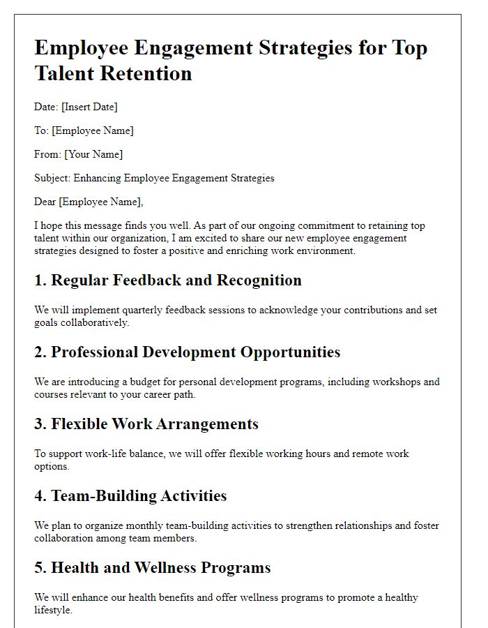 Letter template of employee engagement strategies for top talent retention