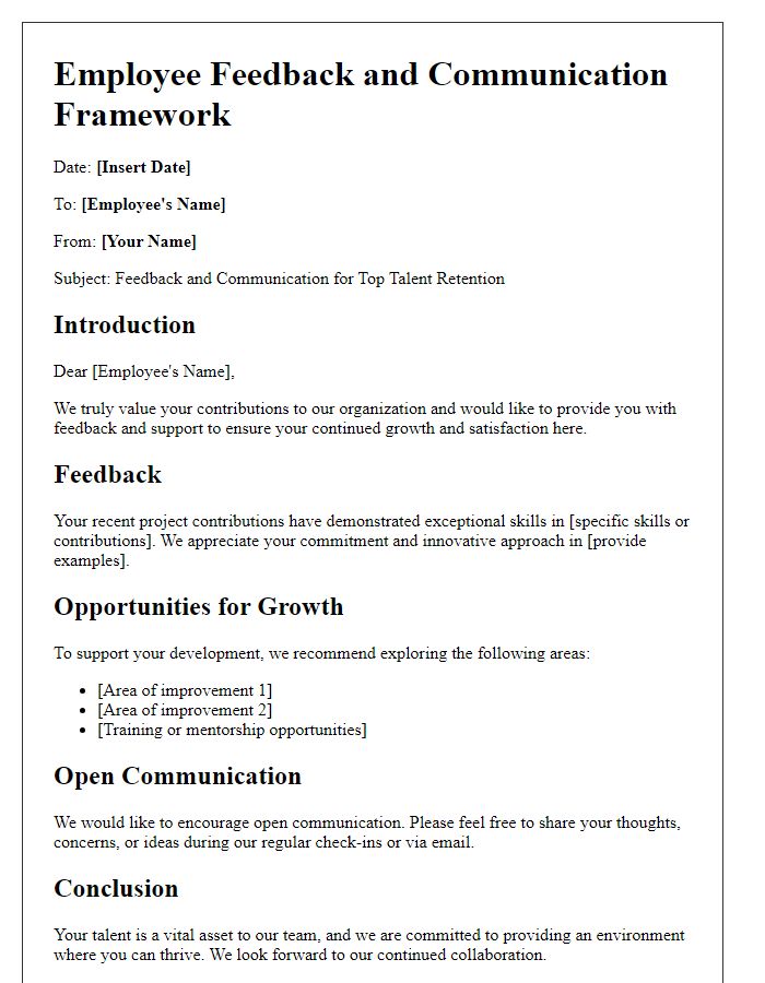 Letter template of feedback and communication frameworks for top talent retention