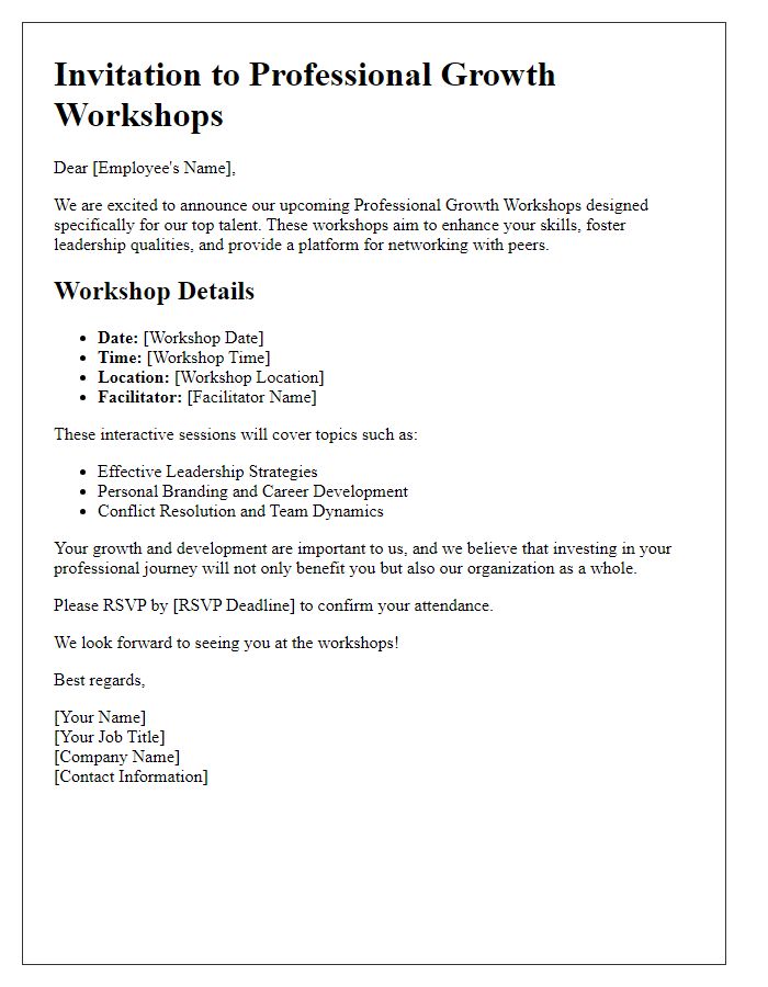 Letter template of professional growth workshops for top talent retention