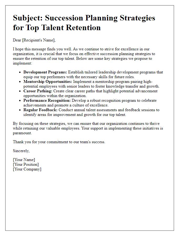 Letter template of succession planning strategies for top talent retention