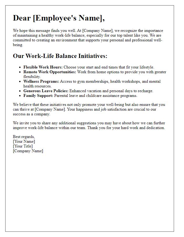 Letter template of work-life balance initiatives for top talent retention