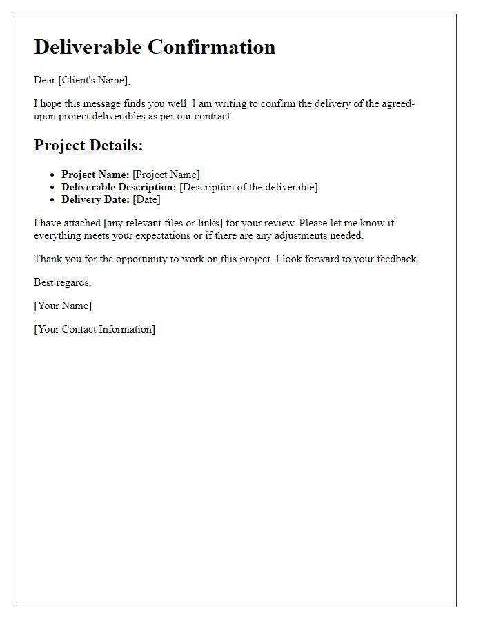 Letter template of freelance client deliverable confirmation