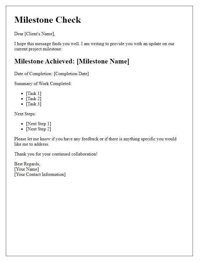 Letter template of freelance client milestone check