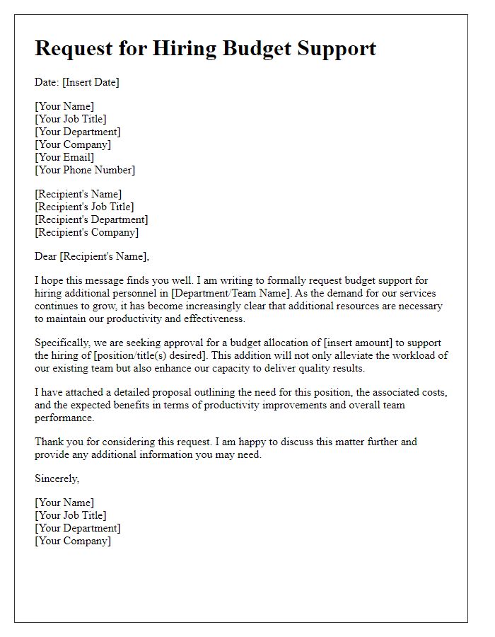 Letter template of formal request for hiring budget support