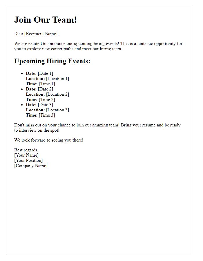 Letter template of recruitment newsletter advertising upcoming hiring events