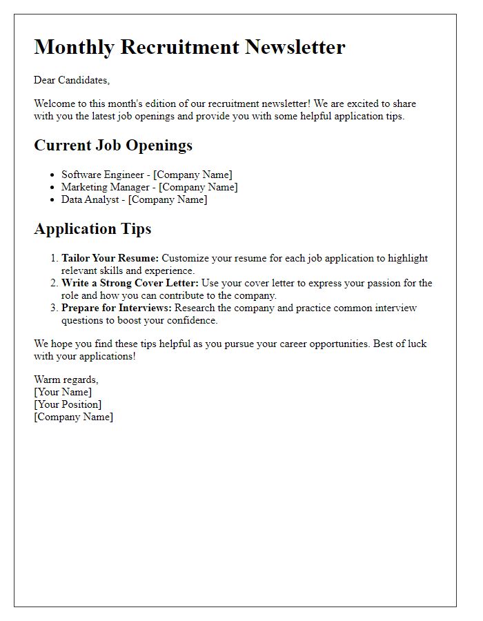 Letter template of recruitment newsletter with application tips