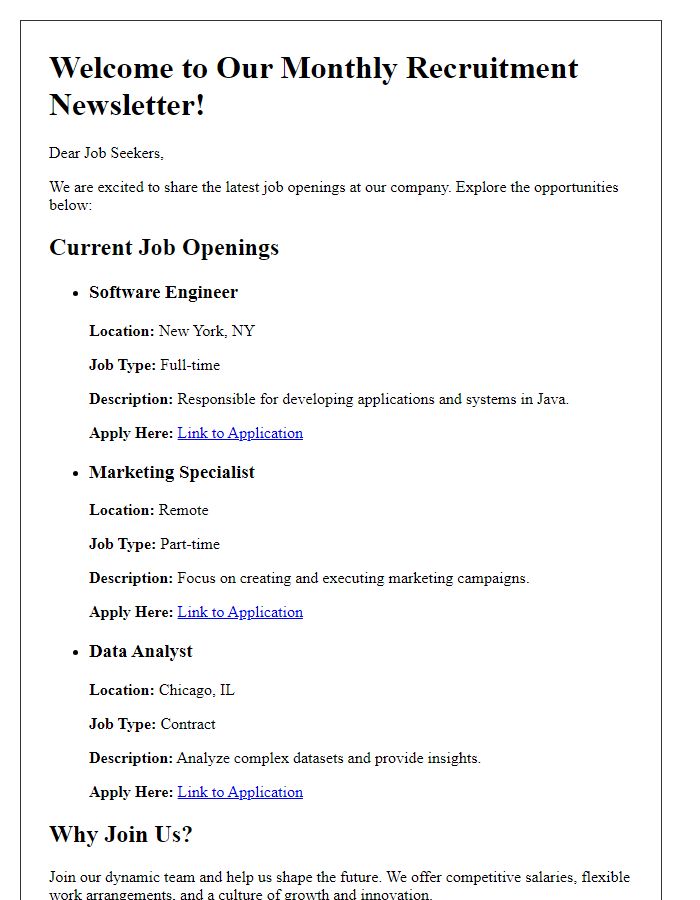 Letter template of recruitment newsletter featuring job openings