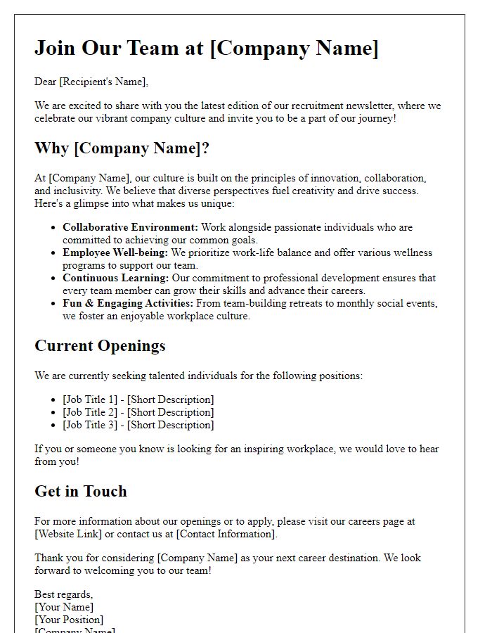 Letter template of recruitment newsletter highlighting company culture