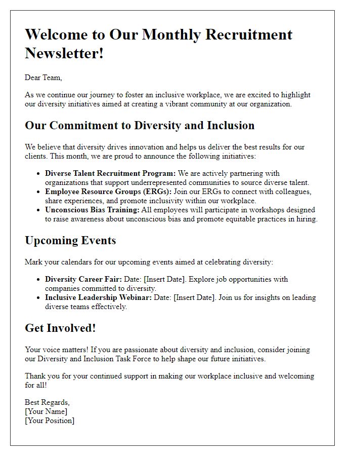 Letter template of recruitment newsletter outlining diversity initiatives