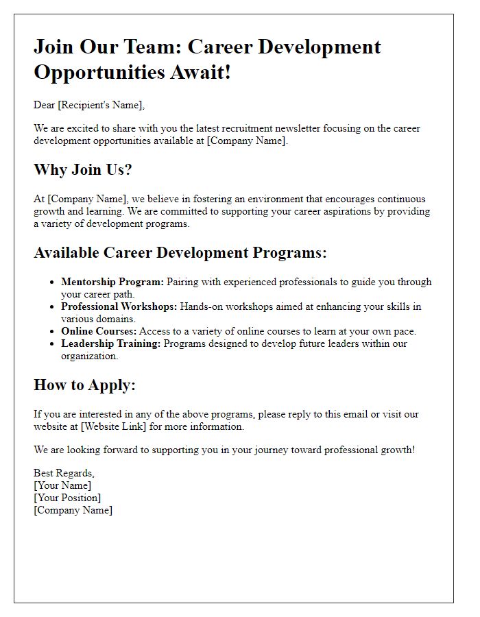 Letter template of recruitment newsletter promoting career development opportunities