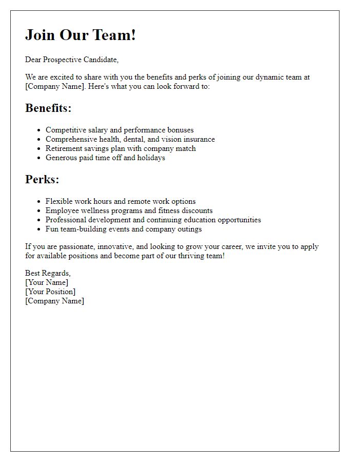 Letter template of recruitment newsletter summarizing benefits and perks