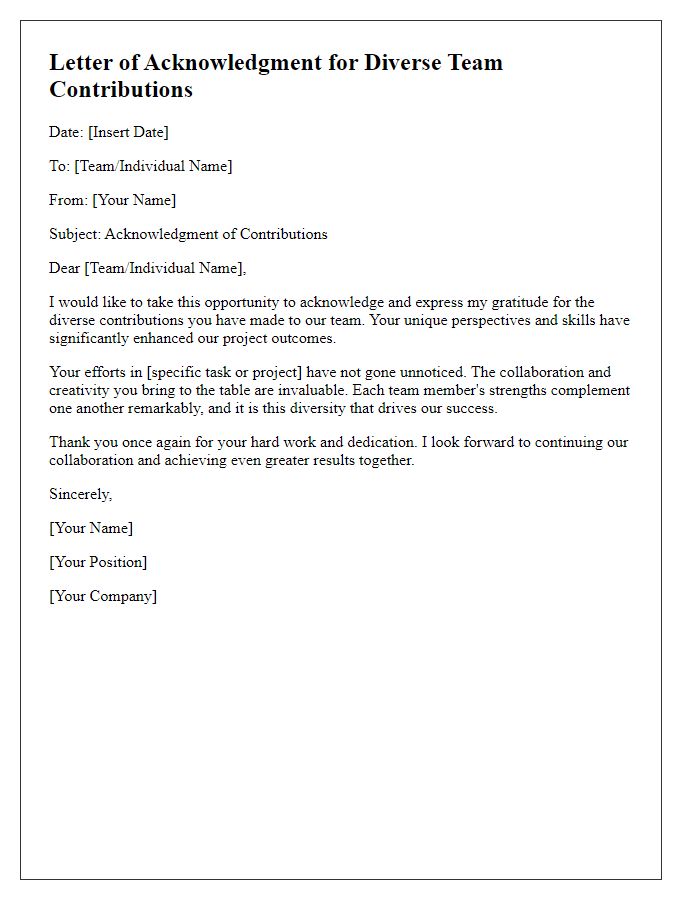 Letter template of acknowledgment for diverse team contributions