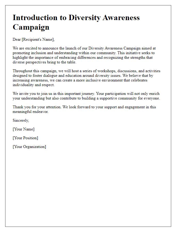 Letter template of introduction to diversity awareness campaigns