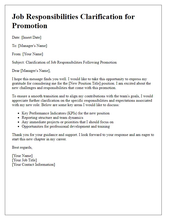 Letter template of job responsibilities clarification for a promotion