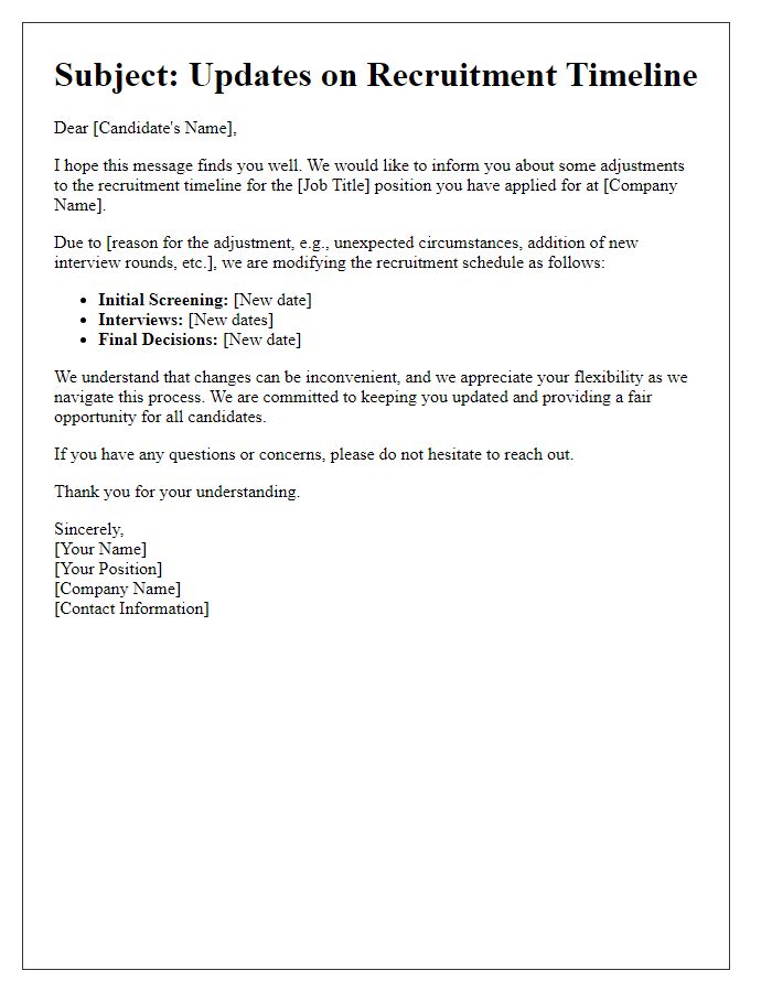 Letter template of recruitment timeline adjustments for ongoing processes.