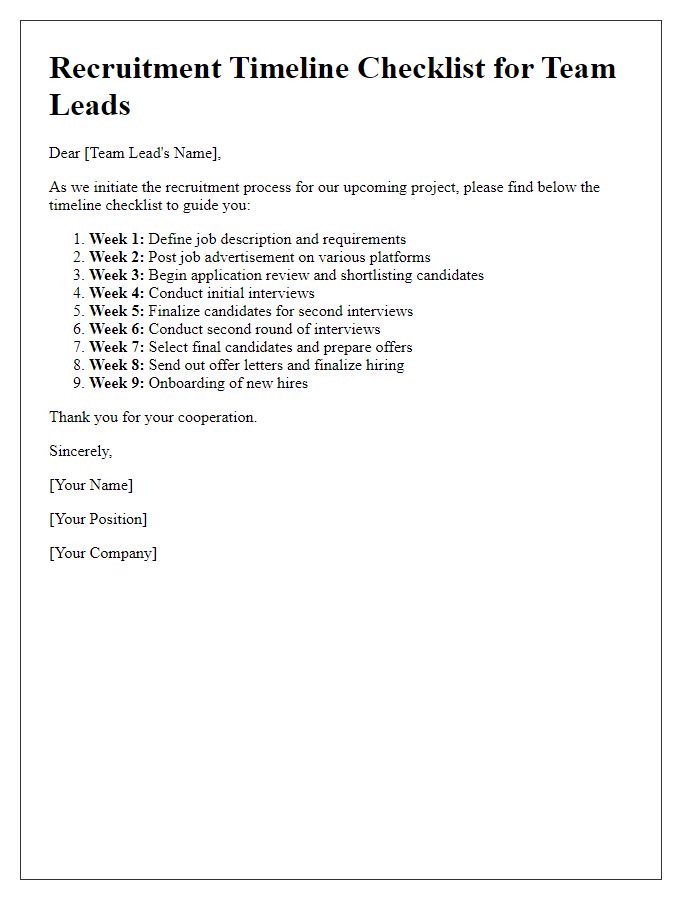 Letter template of recruitment timeline checklist for team leads.