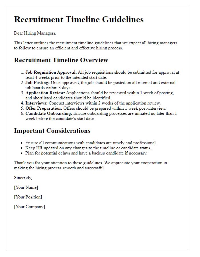 Letter template of recruitment timeline guidelines for hiring managers.