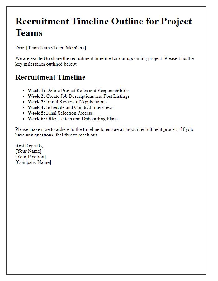 Letter template of recruitment timeline outline for project teams.