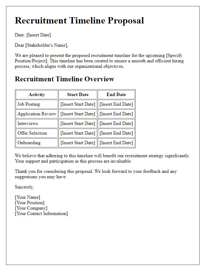 Letter template of recruitment timeline proposal for stakeholders.