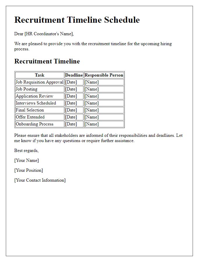 Letter template of recruitment timeline schedule for HR coordination.