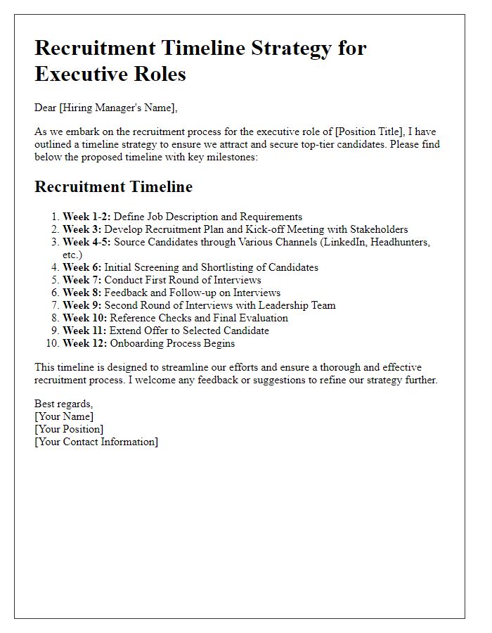 Letter template of recruitment timeline strategy for executive roles.