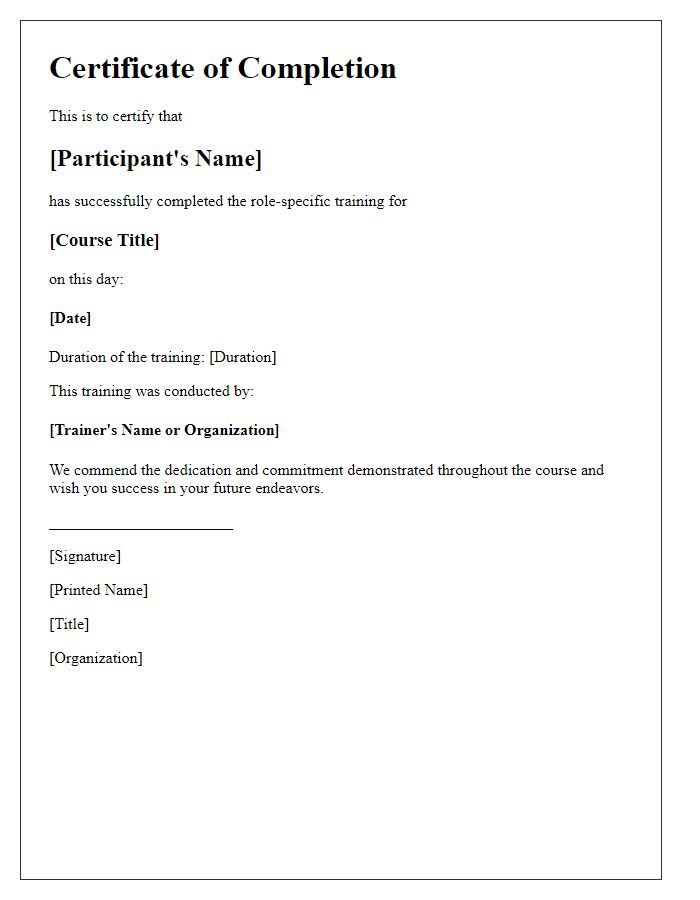 Letter template of completion certificate for role-specific training