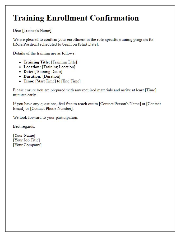 Letter template of confirmation for role-specific training enrollment