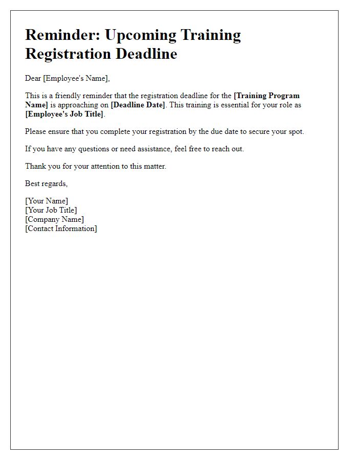 Letter template of reminder for role-specific training registration deadline