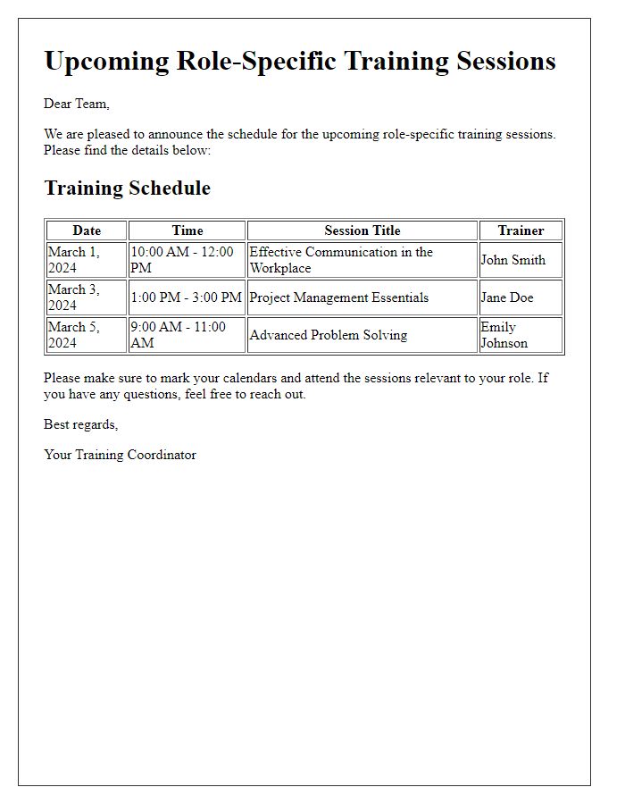 Letter template of schedule for upcoming role-specific training sessions