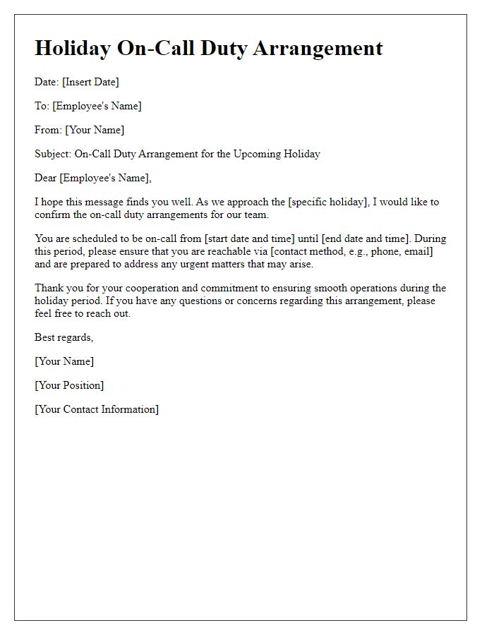 Letter template of holiday on-call duty arrangement