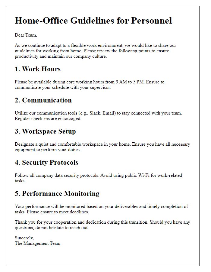 Letter template of home-office guidelines for personnel