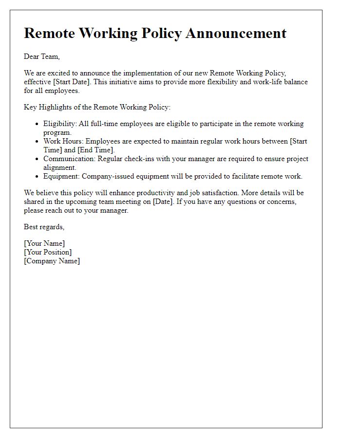 Letter template of remote working policy announcement for employees