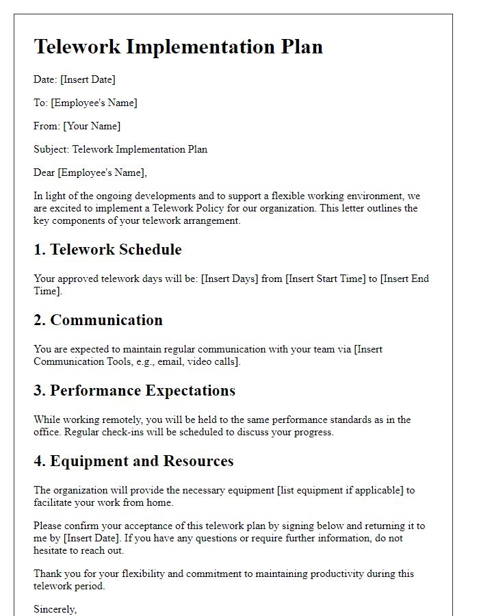 Letter template of telework implementation plan for the organization