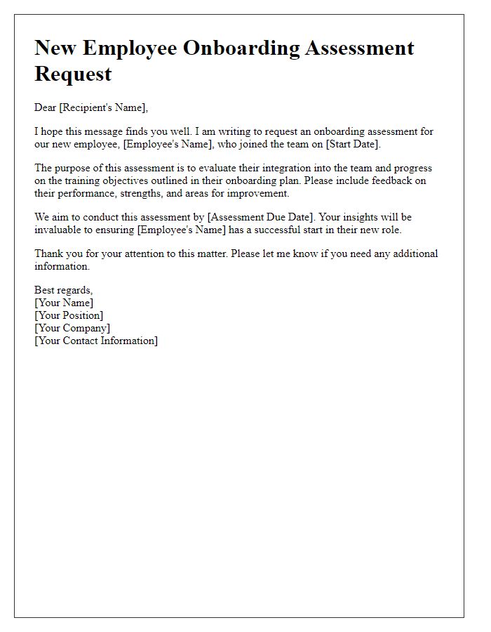 Letter template of new employee onboarding assessment request