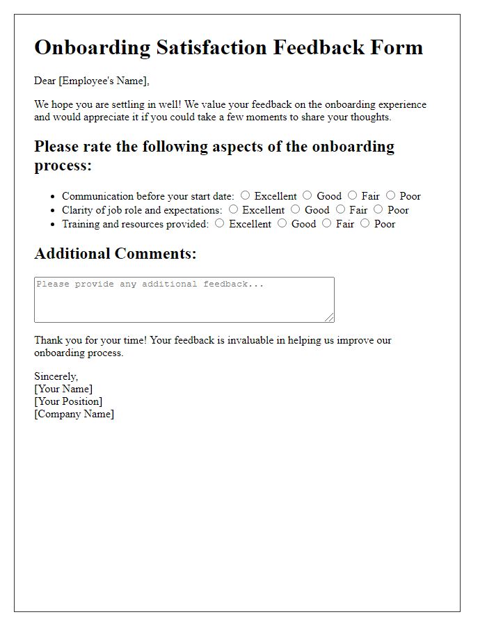 Letter template of onboarding satisfaction feedback form