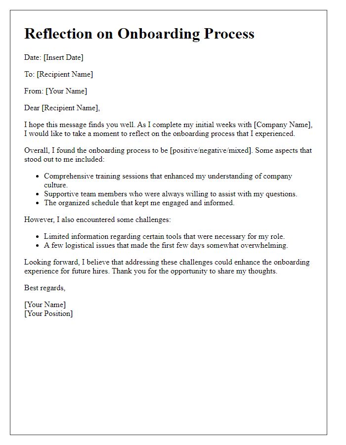 Letter template of reflections on the onboarding process