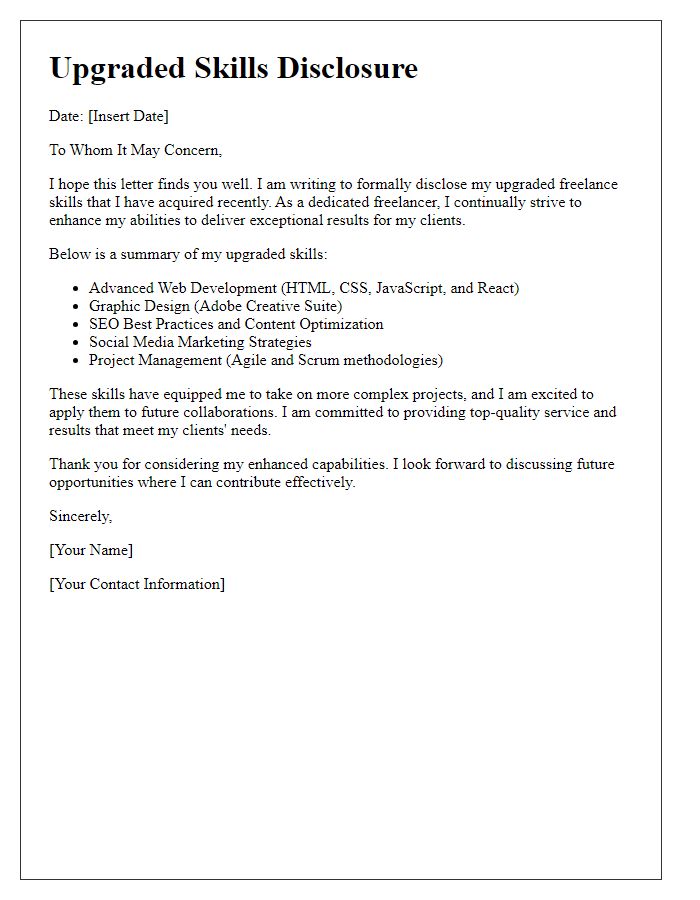 Letter template of upgraded freelance skills disclosure