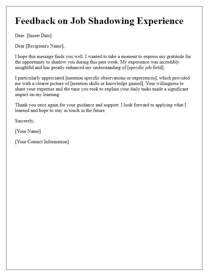 Letter template of feedback after job shadowing experience