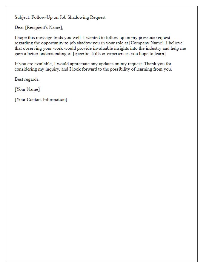 Letter template of follow-up on job shadowing request