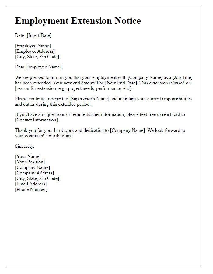 Letter template of employment extension notice for temporary staff